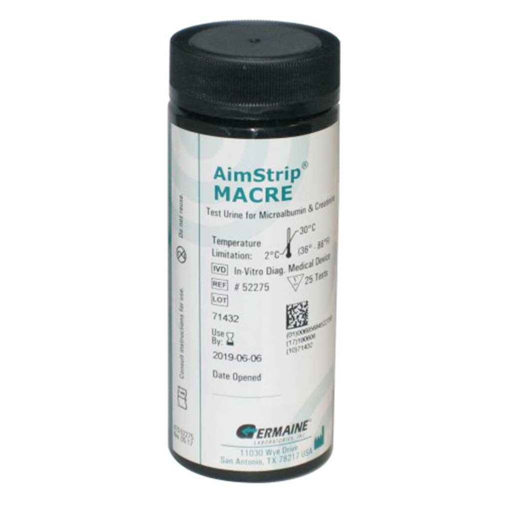 Strips Urine Microalbumin/Creatinine Dipstick CLIA Waived AimStrip® MACRE S (25/BO 12BO/CS) by Germaine Laboratories  ID 52275